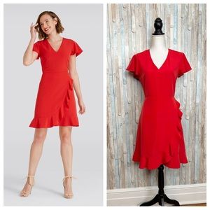 Draper James 8 Bright Lipstick Red Solid Flutter Sleeve Mini Dress V Neck